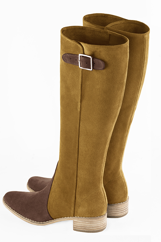 Chocolate brown and mustard yellow women's knee-high boots with buckles. Round toe. Low leather soles. Made to measure. Rear view - Florence KOOIJMAN
